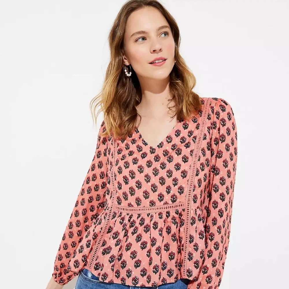 LOFT Pink and White Puff Sleeve Peplum Blouse